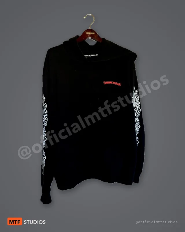 Chrome Hearts Cross Sleeve Hoodie w/ Checkerboard Patch — Black — XL