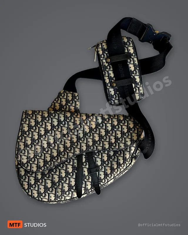 Dior Saddle Bag Men Oblique Jacquard Navy Beige Large Maxi 13in w Pouch Strap